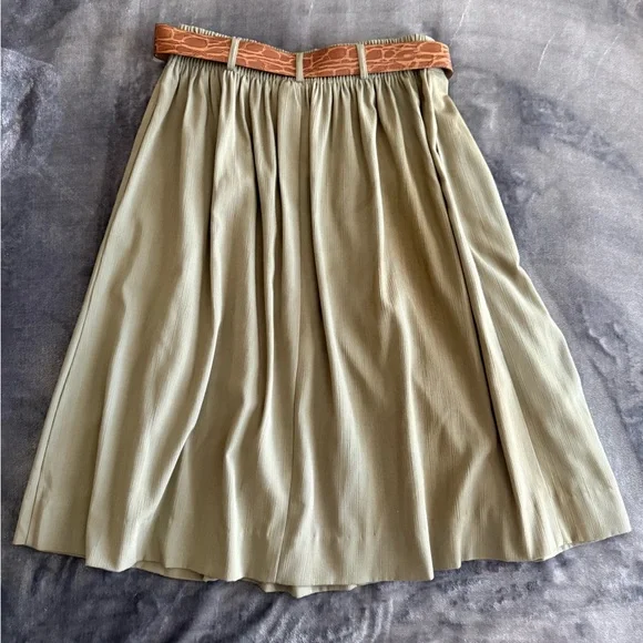 Vintage Belted Pleated Midi Skirt 16 Olive Green Pull On 90's Old Money Academia - Picture 7 of 10